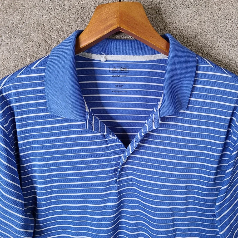 Adidas Shirt Men L Blue White Striped Golf Polo ClimaCool Audubon 1908 Polyester